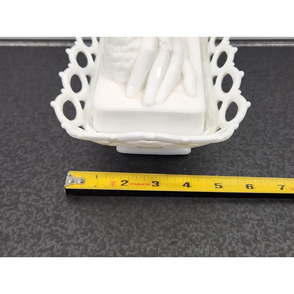 Atterbury Milk Glass Hand with Bird Lace Edge Trinket Dish Pat 1889 Good READ